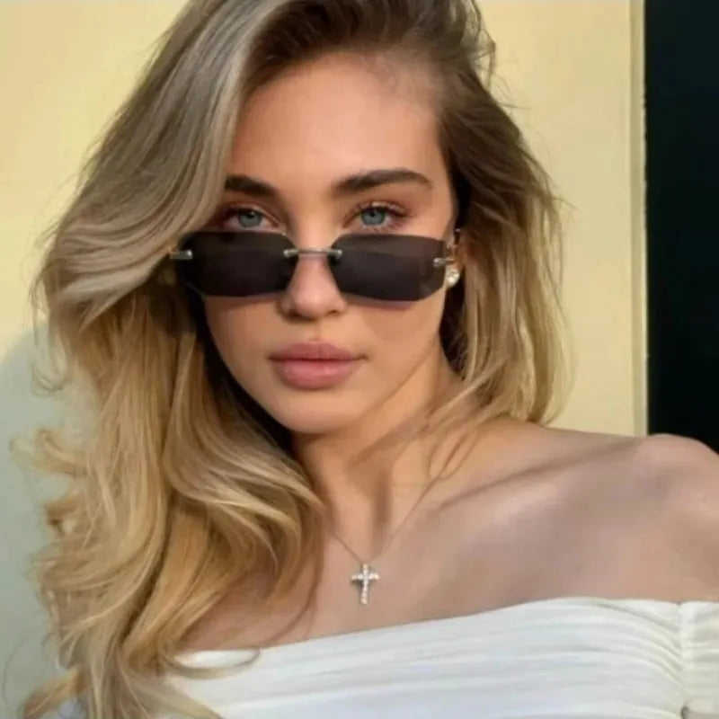 Lovelle Rimless Rectangle Sunglasses – Retro UV400 Y2K Shades