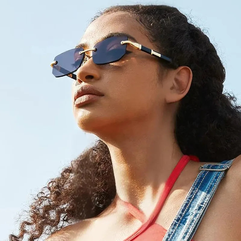 Lovelle Rimless Rectangle Sunglasses – Retro UV400 Y2K Shades